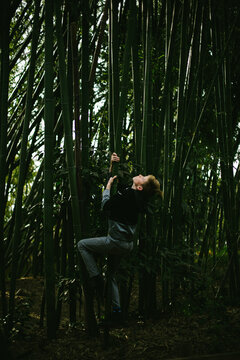 Tween boy climbs bamboo stalks in green forest