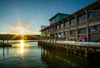 Yonkers, NY - Aug 13, 2022 Landscape view of the iconic Yonkers Recreation Pier, located at the foot of Main Street in the Downtown Waterfront District.