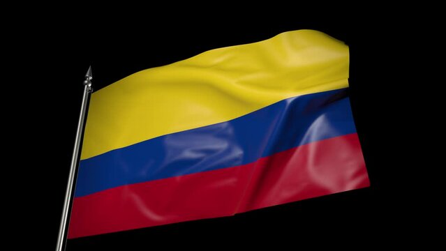 Colombian flag on a flagpole. 3D animation with alpha channel