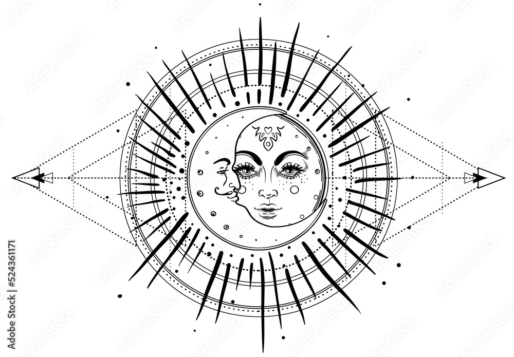 Wall mural Sun and Triple moon pagan Wicca moon goddess symbol. Three faced Goddess, Maiden, Mother, Crone isolated vector illustration. Tattoo, astrology, alchemy, boho and magic symbol. Coloring book..