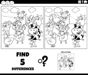 differences game with cartoon farm animals coloring page