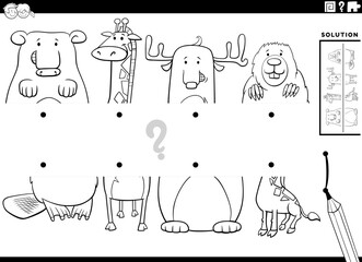 match halves of cartoon animals pictures game coloring page