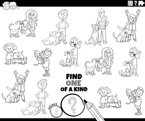 Fototapeta na wymiar one of a kind task with cartoon kids and dogs coloring page