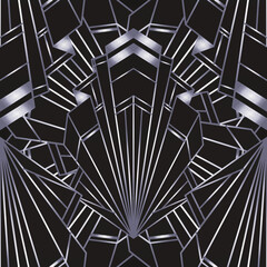 Art deco style geometric seamless pattern in black and silver. Vector illustration. Roaring 1920 s design. Jazz era inspired . 20 s. Vintage Fabric, textile, wrapping paper, wallpaper.