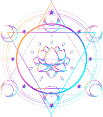 Sacred Geometry and Boo symbol set. Ayurveda sign of harmony and balance. Tattoo design, yoga logo. poster, t-shirt textile. Colorful rainbow gradient over black.