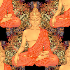 Buddha head seamless pattern. Vintage decorative composition. Indian Buddhism, Spiritual esoteric motifs. tattoo design, yoga style, spirituality. Vector illustration.