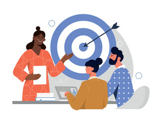 Staff management concept. Woman trains newcomers to company. HR manager explains tasks, sets goals for interns. Personnel training and development, recruitment. Cartoon flat vector illustration