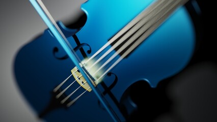 Metallic blue classic violin on black planes under spot lighting background. 3D sketch design and illustration. 3D high quality rendering.