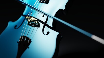 Metallic blue classic violin on black planes under spot lighting background. 3D sketch design and illustration. 3D high quality rendering.
