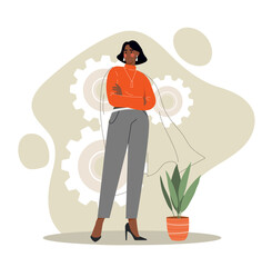Self confident woman. Businesswoman standing in imaginary superhero cape. Successful entrepreneur, feminism and female power. Positive psychology and optimism. Cartoon flat vector illustration