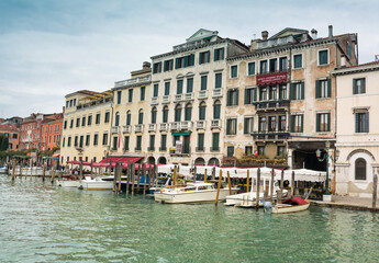 Fototapeta na wymiar View of the Grand Canal in Venice, Veneto, Italy, and ancient buildings.