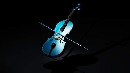 Naklejka na ściany i meble Metallic blue classic violin on black planes under spot lighting background. 3D sketch design and illustration. 3D high quality rendering.