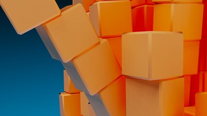 A set of many soft orange cubes that are collapsing under black-blue lighting background. Conceptual 3D illustration of blockchain, financial system and personal data analysis.