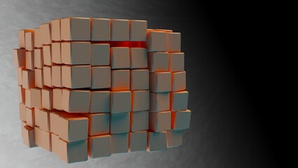 A set of many soft orange cubes that are collapsing under black-blue lighting background. Conceptual 3D illustration of blockchain, financial system and personal data analysis.