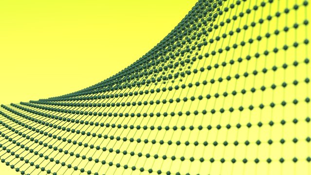 Metallic Green Mathematical Geometric Abstract Twist Plane Dots-Line Grid under Yellow Spot Lighting Background. Conceptual image of technological innovations, strategies and revolutions. 3D CG.