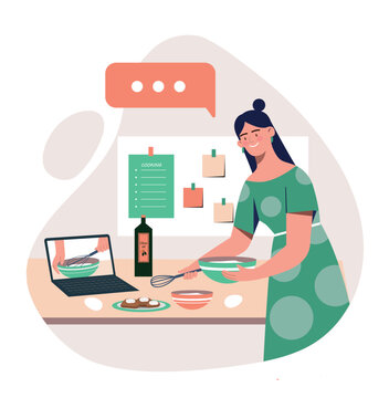 Woman preparing lunch. Young girl in kitchen prepares cake according to recipe from video on Internet. Courses or webinar for beginner cooks, distance learning. Cartoon flat vector illustration