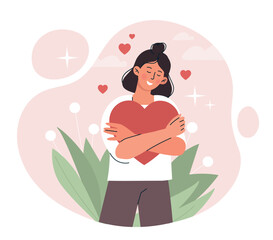Self care concept. Woman hugging heart, acceptance and self love. Positive psychology, optimism and mental health. Poster or banner for website with happy girl. Cartoon flat vector illustration