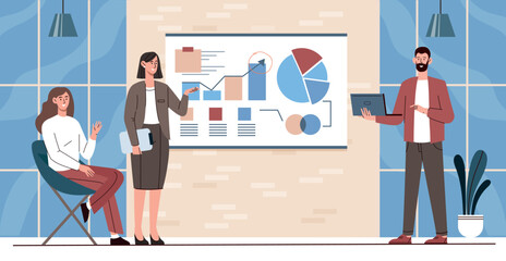 Business meeting concept. Man and women evaluate graphs and charts. Analytical department conducts marketing research. Working with statistics and brainstorming. Cartoon flat vector illustration