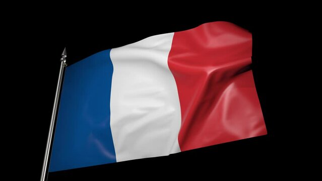 French flag on a flagpole. 3D animation with alpha channel