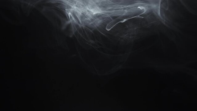 Vapor cloud motion. Smoke overlay. Night mist. Transparent air fog texture. White steam spreading on dark black abstract background for intro.
