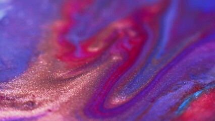 Ink marble texture. Glitter fluid flow. Sparkling paint mix. Blur neon bronze red blue purple color dye water leak wave motion abstract art background. - Powered by Adobe