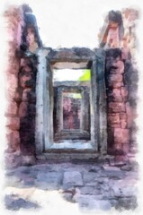 Ancient stone castle and ancient pattern art in Thailand watercolor style illustration impressionist painting.