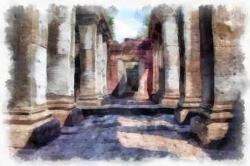Fototapeta premium Ancient stone castle and ancient pattern art in Thailand watercolor style illustration impressionist painting.