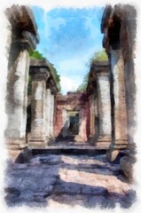 Ancient stone castle and ancient pattern art in Thailand watercolor style illustration impressionist painting.