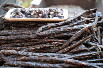 Corsican food, dried sausages salsiccia figatellu made from free-range or wild pigs on Corsica island, France