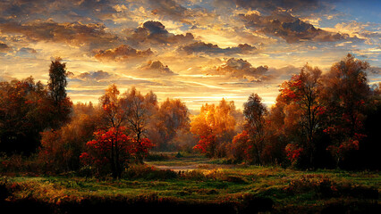 Naklejka na ściany i meble Beautiful landscape - autumn forest during sunset, orange leaves. hand painted picture
