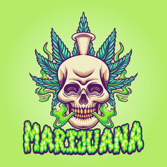 Skull head with weed leaf illustrations. Skull smoking cannabis design for your brand  - obrazy, fototapety, plakaty