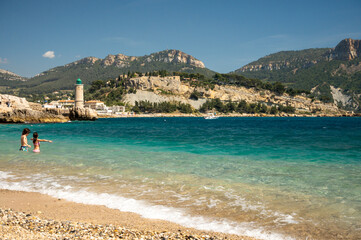 Panoramic view on cliffs, blue sea on Plage du Bestouan beach in Cassis, Provence, France