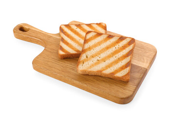 Board with slices of delicious toasted bread on white background