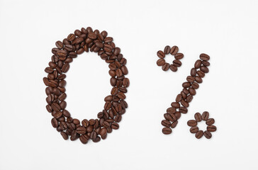 0 percent made of coffee beans on white background, top view. Decaffeinated drink