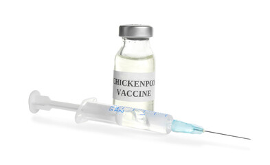 Chickenpox vaccine and syringe on white background. Varicella virus prevention