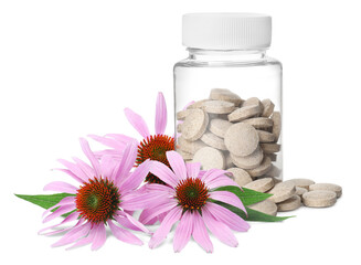 Bottle with vitamin pills and beautiful echinacea flowers on white background - obrazy, fototapety, plakaty