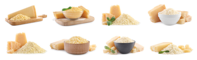 Set with delicious parmesan cheese on white background. Banner design