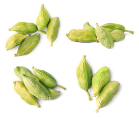 Set with cardamom seeds on white background