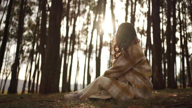 Turista latina descansando en bosque de eucaliptos Cusco, Per&uacute;