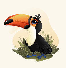 Obraz na płótnie Canvas cute little cartoon toucan bird with vegetation elements