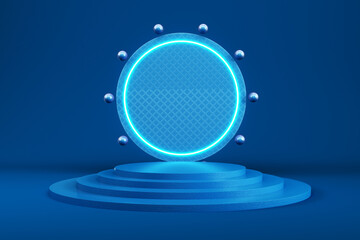 Abstract minimal background. Dark blue cylindrical pedestal with spheres and neon light for display product