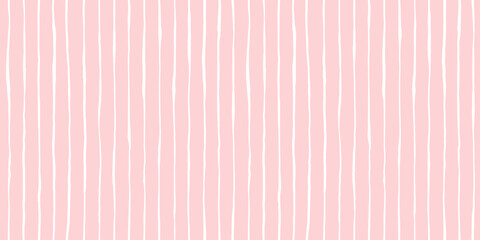 Seamless playful hand drawn light pastel pink pin stripe fabric pattern. Cute abstract geometric wonky vertical lines background texture. Girls birthday, baby shower or nursery wallpaper design.