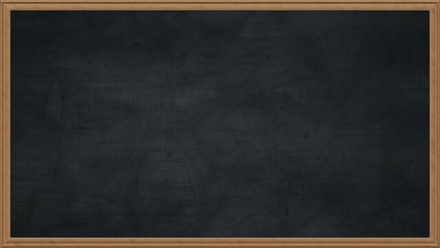 Empty chalkboard background with wooden frame. Dirty erased chalk texture on blank blackboard with copy space and wood border. Restaurant menu or back to school education concept. 3D rendering.