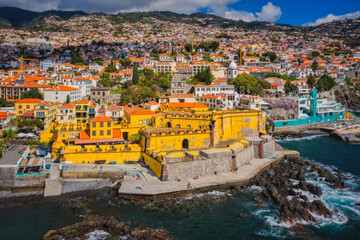 Aerial drone view of old castle Fortaleza de Sao Tiago. Funchal, Madeira, Portugal. October 2021 - obrazy, fototapety, plakaty