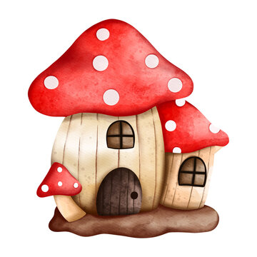 Fairy tale mushroom house, Autumn or Fall Animal decor, Digital paint watercolor illustration
