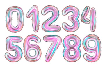 Set of Holographic foil inflatable toys numbers balloons. 3d illustration of a realistic decoration holiday.Balloon one isolated on white.