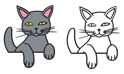 Gray cat and cat linear drawing looking out of the corner. Vector illustration isolated on white background.