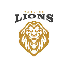 Angry lion head mascot logo design. Roaring lion line art vector illustration