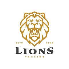 Angry lion head mascot logo design. Roaring lion line art vector illustration