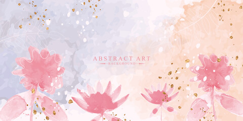 Abstract watercolor art botanical vector background. Luxury watercolor art wallpaper. flower and leaves with gold glitter. Minimal design for text, prints and packaging. 